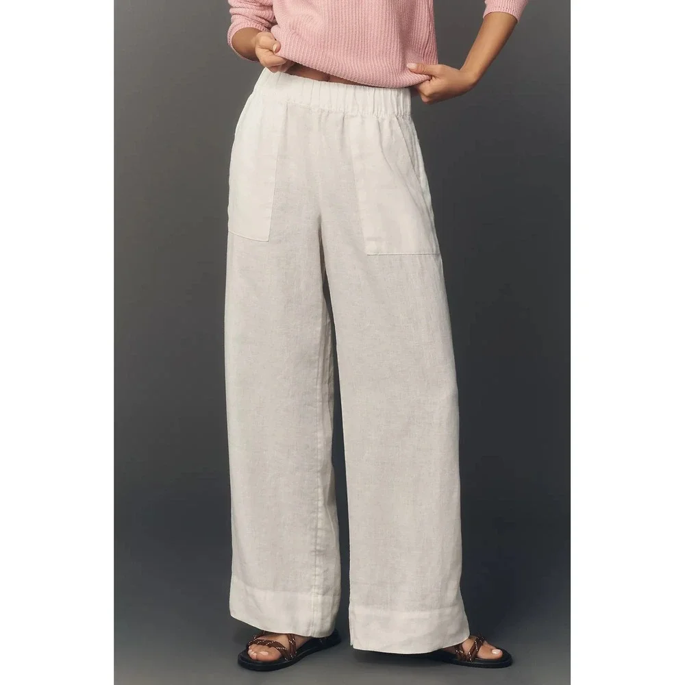 Beyond Yoga White 100% Linen Wide Leg Elastic Waist Patch Pocket Pants Large